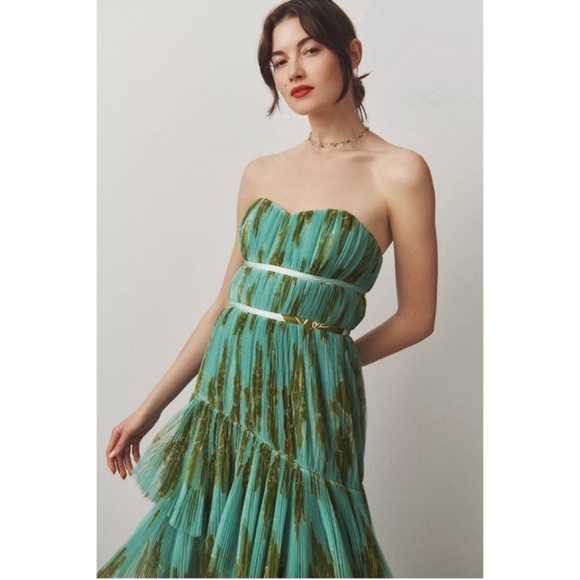 ANTHROPOLOGIE Hutch Lanza Strapless Pleated Tiered Ruffle Tulle Maxi Dress Green - Picture 2 of 15
